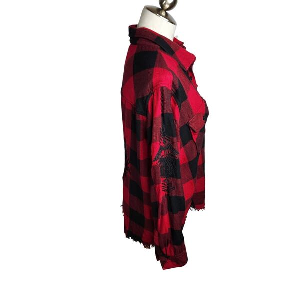 Rails Larsson Plaid Shirt Womens Size Large Crimson Jet Embroidered Frayed - Picture 5 of 16